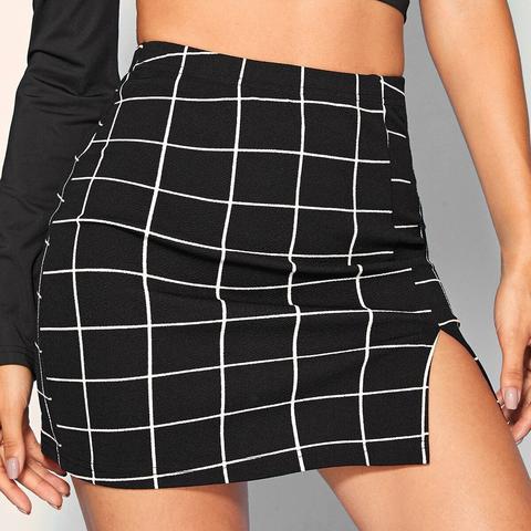 Grid Front Slit Bodycon Mini Skirt