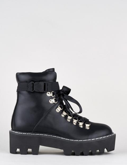 Black Lace Up Chunky Buckle Hiker Boots 