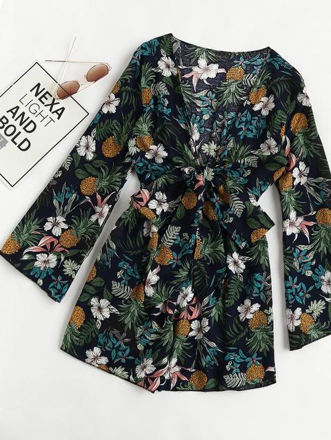 Plunging V-neckline Floral Print Random Knot Front Romper
