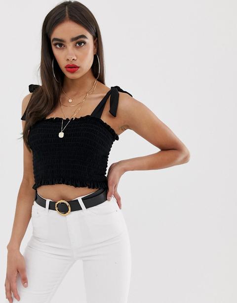 Boohoo Exclusive Basic Shirred Tie Cami Crop Top In Black