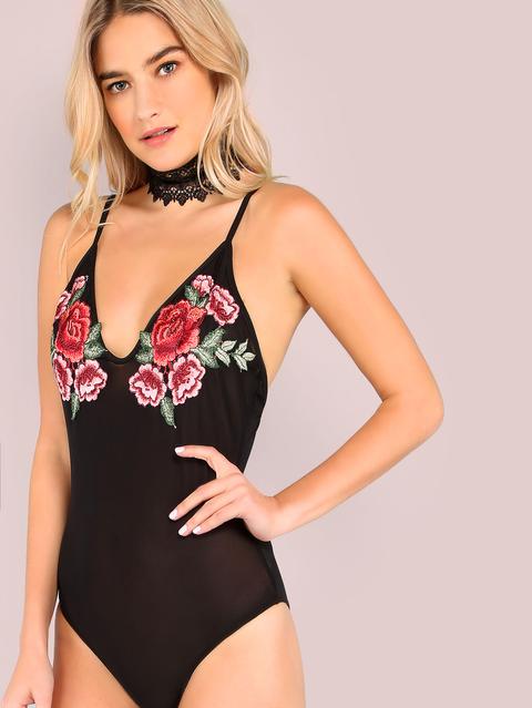 Body De Malla Con Bordado Floral - Negro