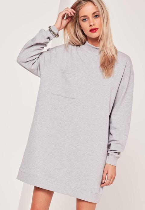 Grey Oversized Pocket High Neck Sweater Dress