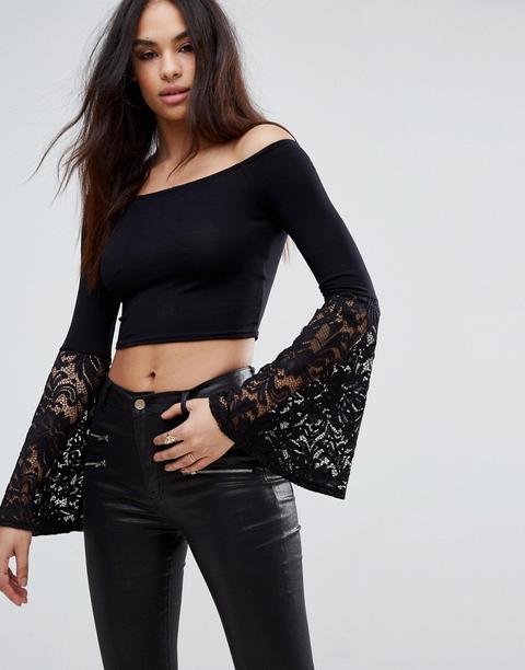 Missguided - Top Corto Stile Bardot Con Maniche Oversize In Pizzo - Nero