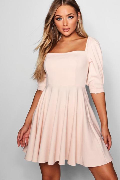 Square Neck Puff Sleeve Skater Dress