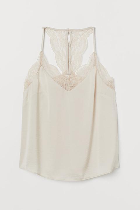 H & M - Top In Satin Con Pizzo - Beige