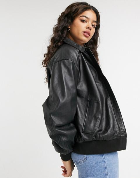 Asos Design Leather Bomber Jacket In Black