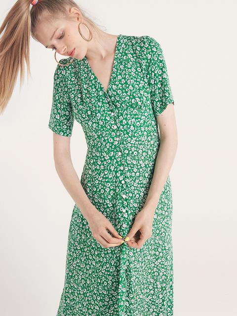 green and white floral midi dress