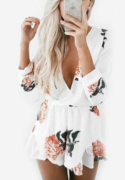 White Flowers Print Irregular Deep V 3/4 Sleeve Mini Dress