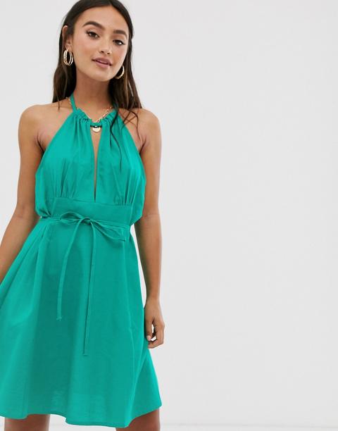 Minivestido De Verano Skater Con Cuello Halter Y Cinturón Anudado De Asos Design-verde