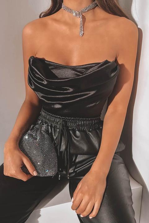 Black Stretch Satin Strapless Bodysuit