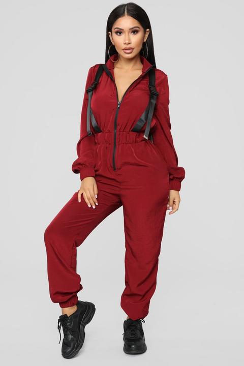 Buckle Down Jumpsuit - Burgundy