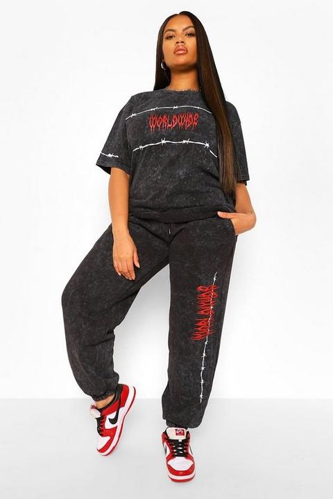 Womens Plus Worldwide Barbed Wire Acid Wash Jogger - Grey - 20/22, Grey