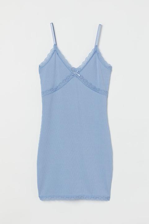 Ribbed Lace-trimmed Dress - Blue