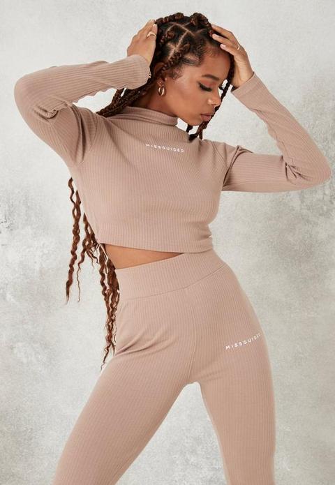 Mocha Missguided Rib Funnel Neck Crop Top, Brown