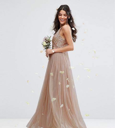 Maya - Hochgeschlossenes Maxi-tüllkleid Mit Farblich Passenden Feinen Pailletten - Braun