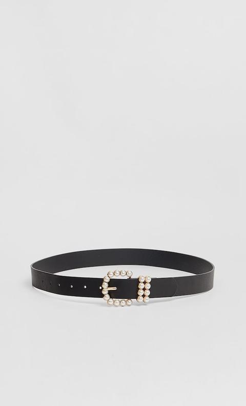 Belt With Pearl Bead Buckle In Black