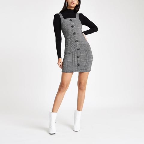 Grey check button store up pinafore mini dress