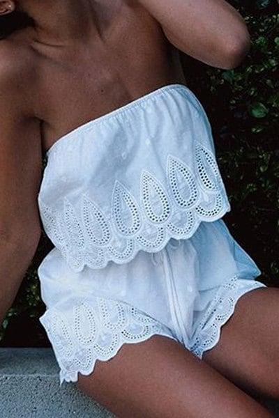 Top Bianco Senza Spalline E Pizzo Shorts Suit White
