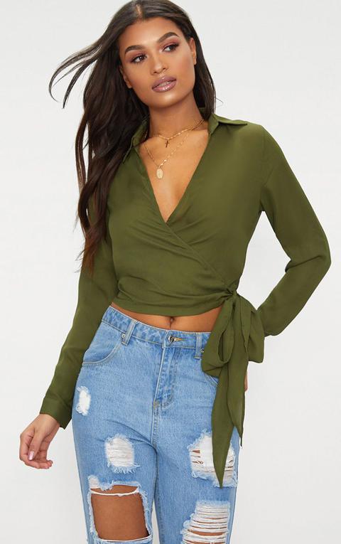 Avalyn Khaki Wrap Front Tie Side Blouse 