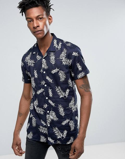 Camisa Hawaiana De Corte Slim, Manga Corta Y Estampado De Hojas En Azul Marino Maceo De Minimum