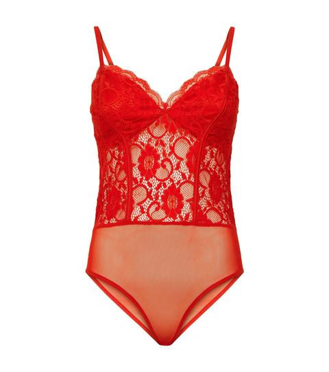 Red Sweetheart Neck Lace Bodysuit New Look