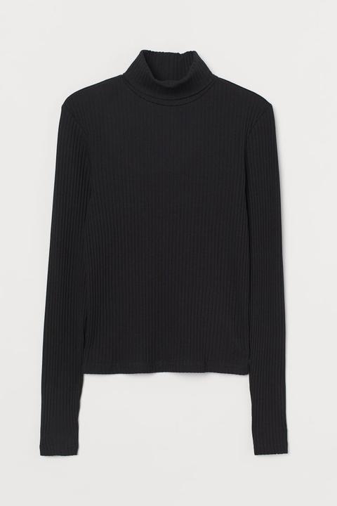 Ribbed Polo-neck Top - Black