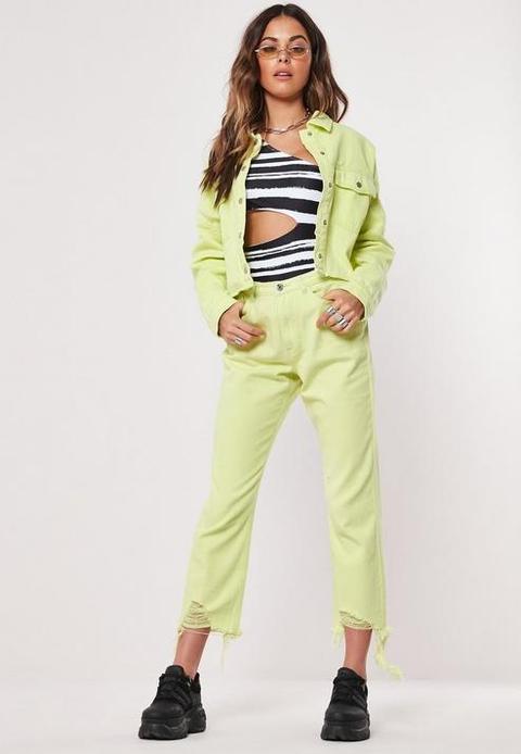 Yellow Neon Washed Wrath Co Ord Distressed Hem Denim Jeans, Yellow