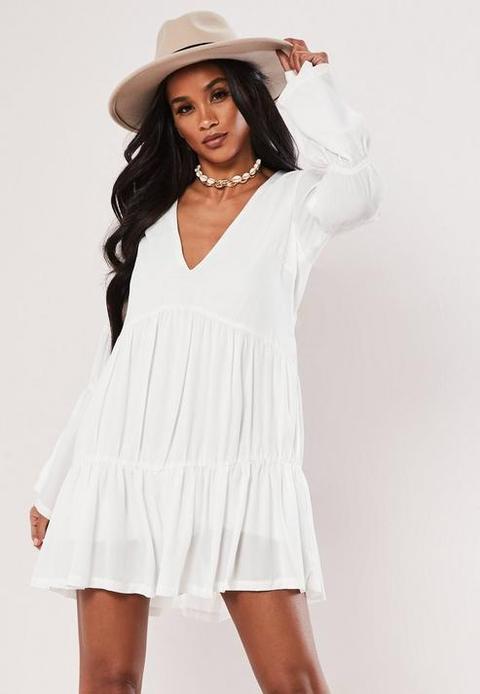 White Tiered Smock Dress, White