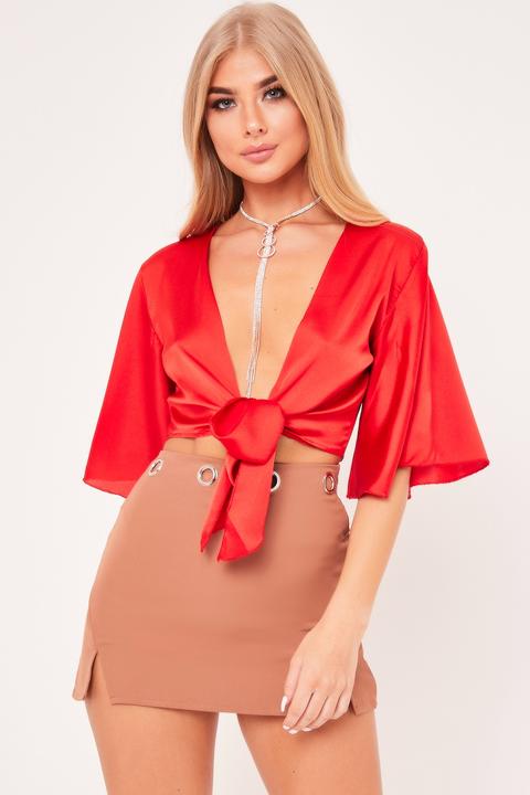 red satin tie front top