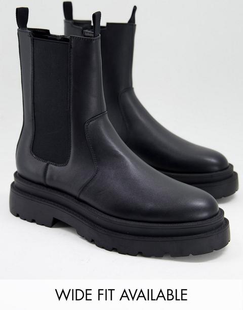 Asos Design Chunky Chelsea Calf Boots In Black Faux Leather