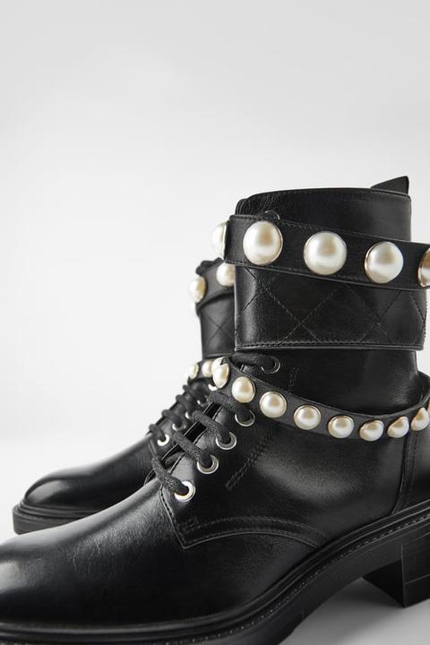 Flat Leather Ankle Boots With Faux Pearls