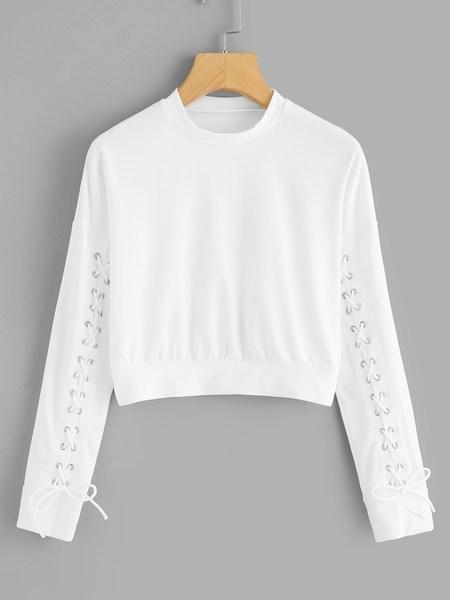 Casuale A Tinta Unita Allacciatura Pullover Bianco Felpe