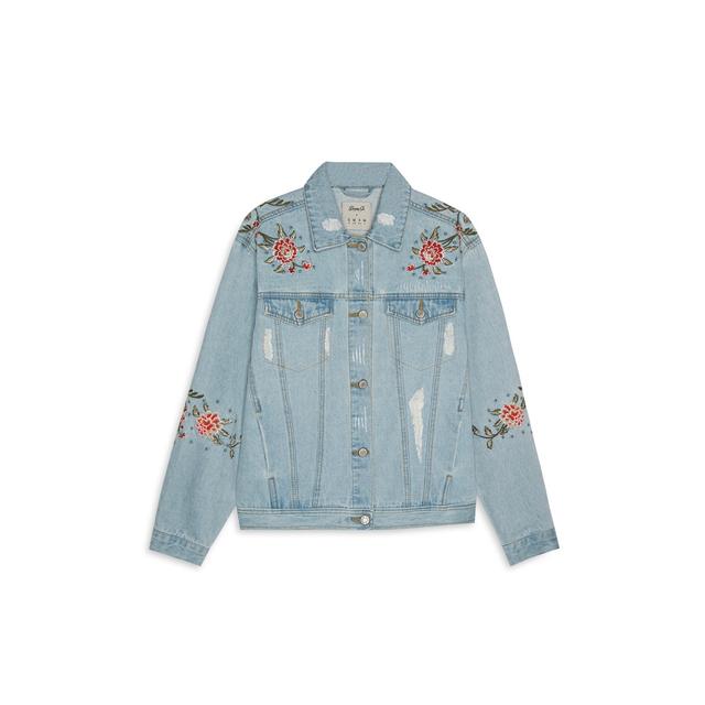 Light Blue Floral And Stud Denim Jacket 
