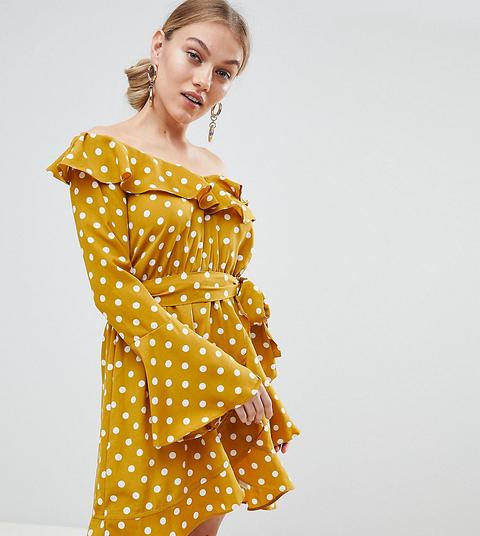 Vestido Skater Con Escote Bardot Y Estampado De Lunares Exclusivo De Boohoo Petite