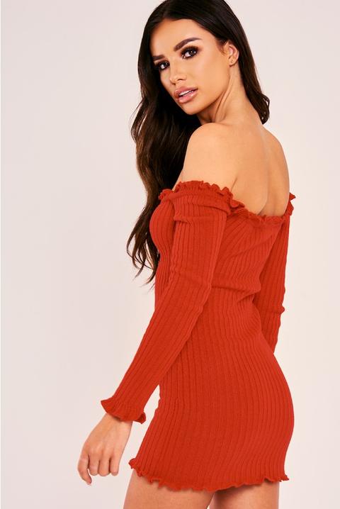 Sarah Ashcroft Red Ribbed Ruffle Long Sleeve Bardot Dress