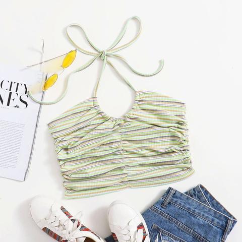 Halterneck Tie Back Striped Rib-knit Crop Top