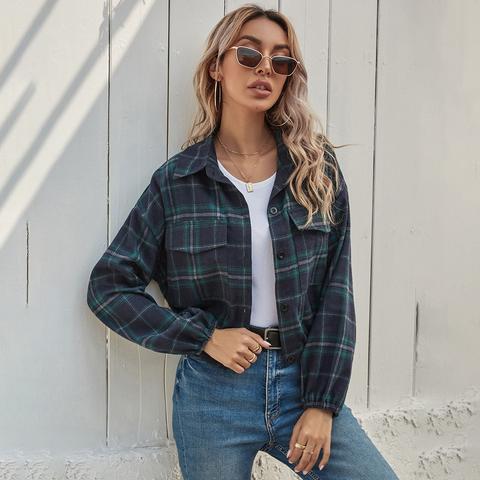 Plaid Flap Pockets Crop Shacket from 