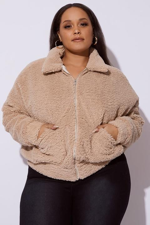 Camel Jackets - Plus Size Kaelia Camel Teddy Fur Bomber Jacket