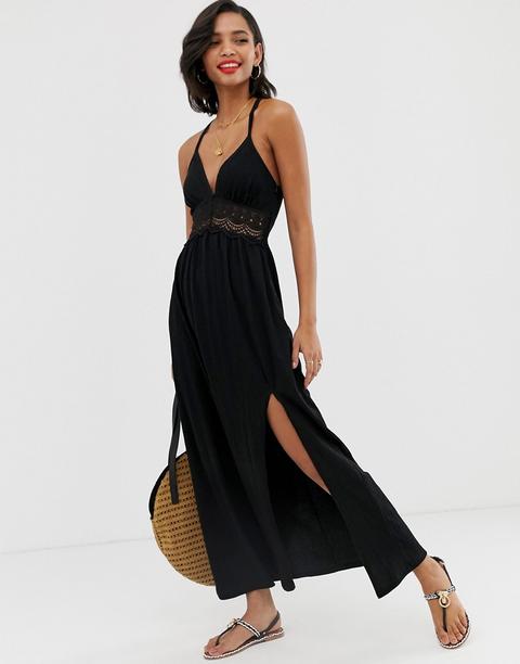 Vestido Veraniego Skater Largo Con Aplicación De Croché Y Diseño Texturizado De Asos Design-negro