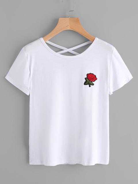 Rose Embroidered Patch Criss Cross Back Tee
