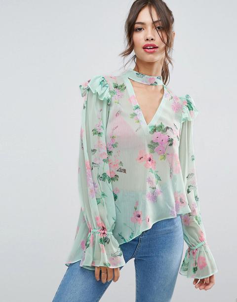 Asos Floaty Blouse In Mint Floral With Neck Band