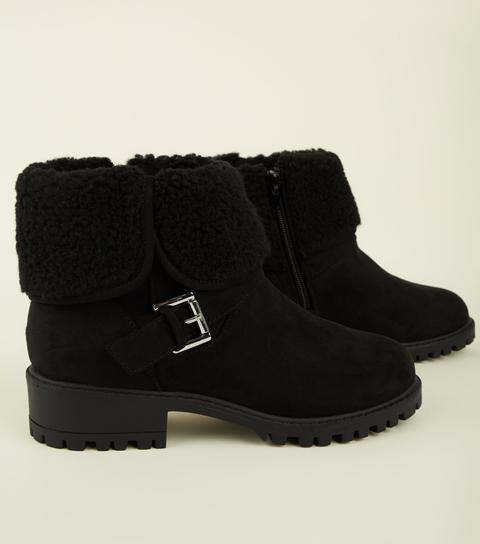 Girls Black Suedette Teddy Lined Ankle Boots New Look