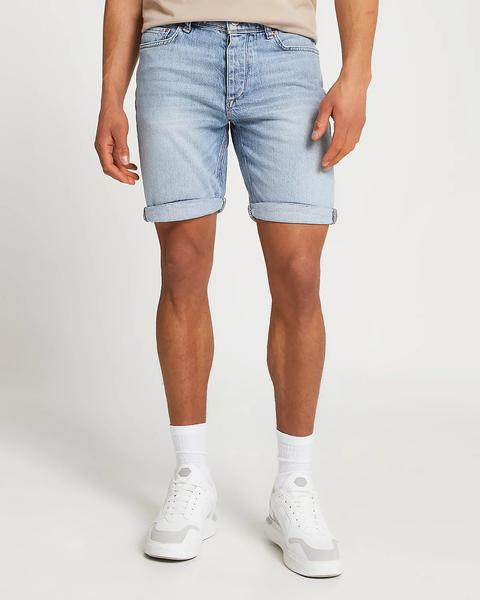 Blue Washed Slim Fit Denim Shorts