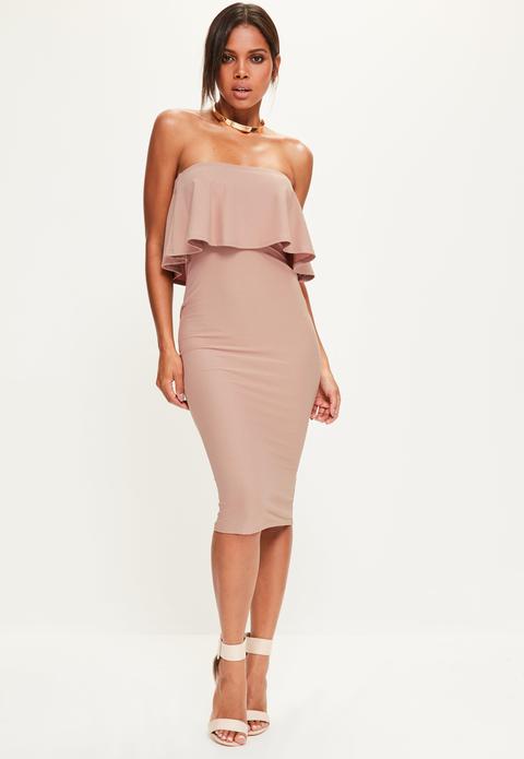 Pink Bandeau Frill Detail Midi Dress