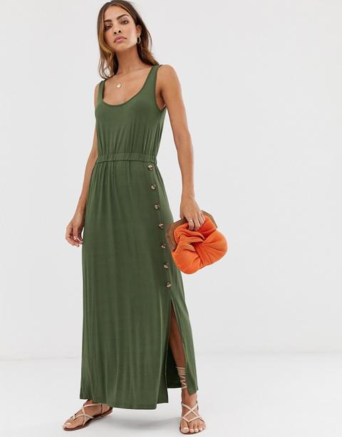 Warehouse - Robe Caraco Longue Boutonnée Sur Le Côté - Kaki