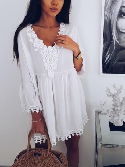 White Lace Collarless V-neck Three Quarter Length Sleeve Mini Dress