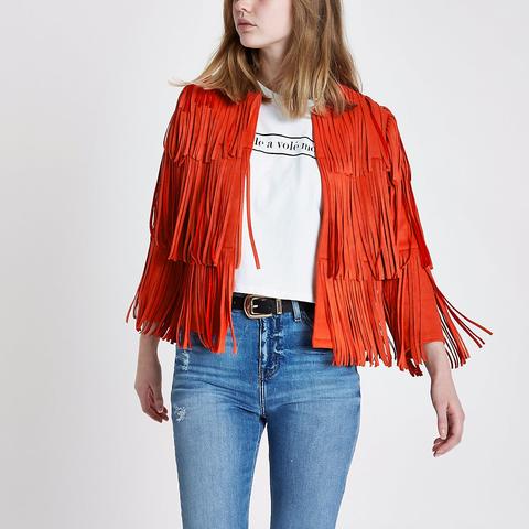 Red Faux Suede Fringe Jacket