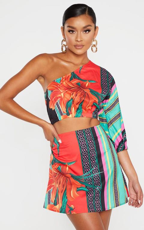 Multi Mixed Print One Shoulder Crop Top, Multi