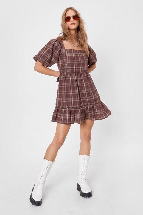 Womens Check Puff Sleeve Mini Smock Dress