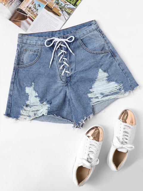 Shorts In Denim Con Lacci E Orlo Grezzo